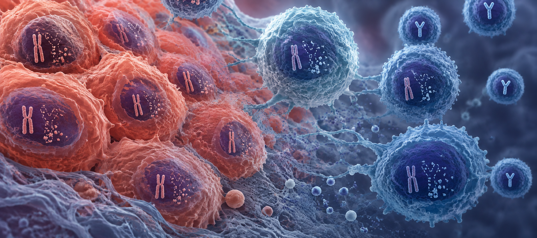 Concept illustration of concurrent Y-chromosome loss across cancer cells and T cells